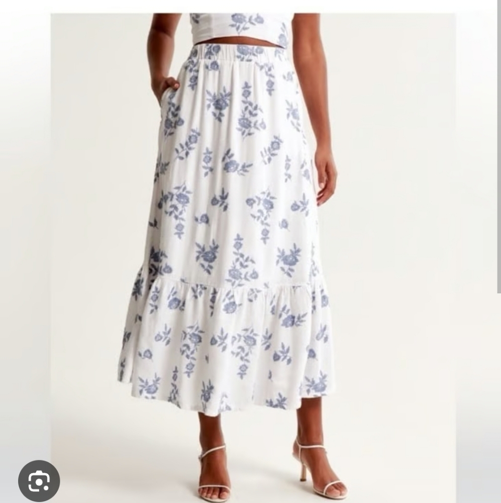 Abercrombie Floral White and Blue Maxi Skirt